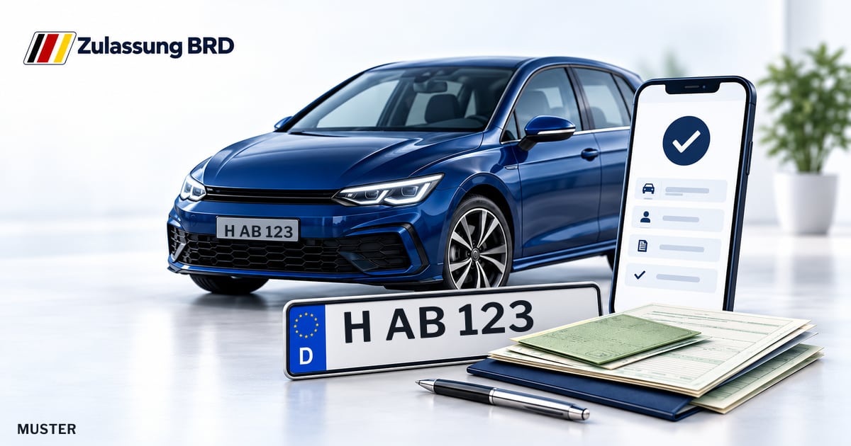 Online Fahrzeugzulassung in Wunstorf: Musterkennzeichen H AB 123, Auto und Fahrzeugpapiere und Smartphone. Illustration mit Logo von Zulassung BRD.